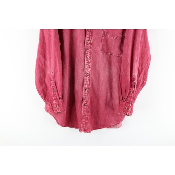 Vintage 90s Lands End Mens 2XL Faded Stonewashed Denim Button Shirt Red Cotton - Picture 3 of 8